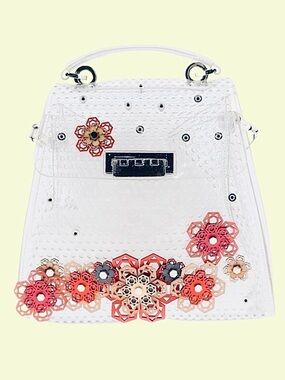 ZAC POSEN ~ Floral Applique Top-Handle Bag Transparent w/Gold & Coral Flowers